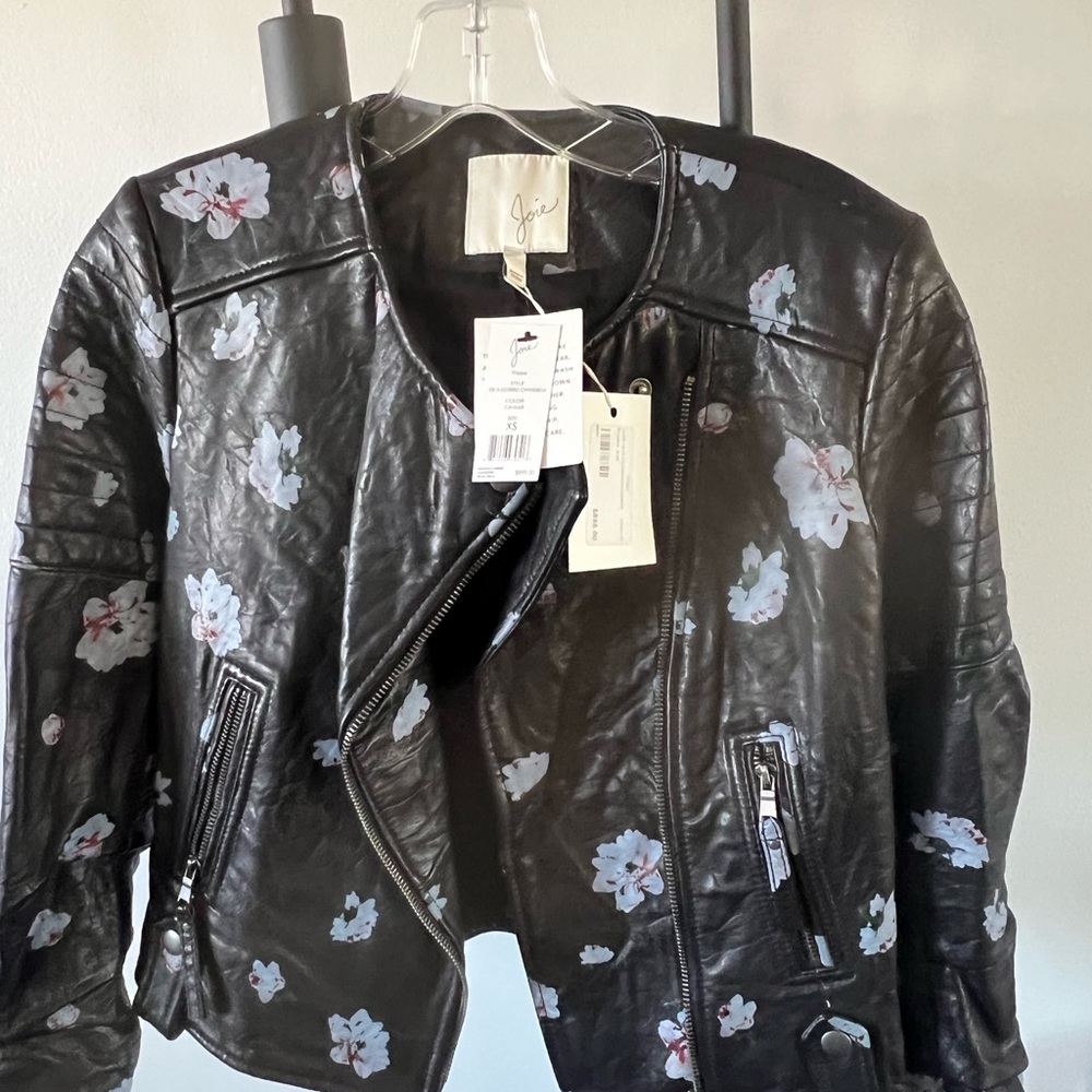 Joie Thisbe Moto Black Floral Leather Jacket